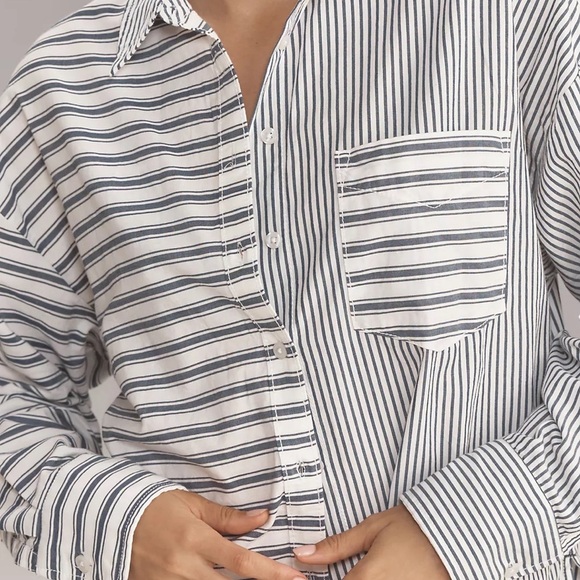 Anthropologie Maeve Bennet button down  blue/white color block shirt size medium - Picture 4 of 12